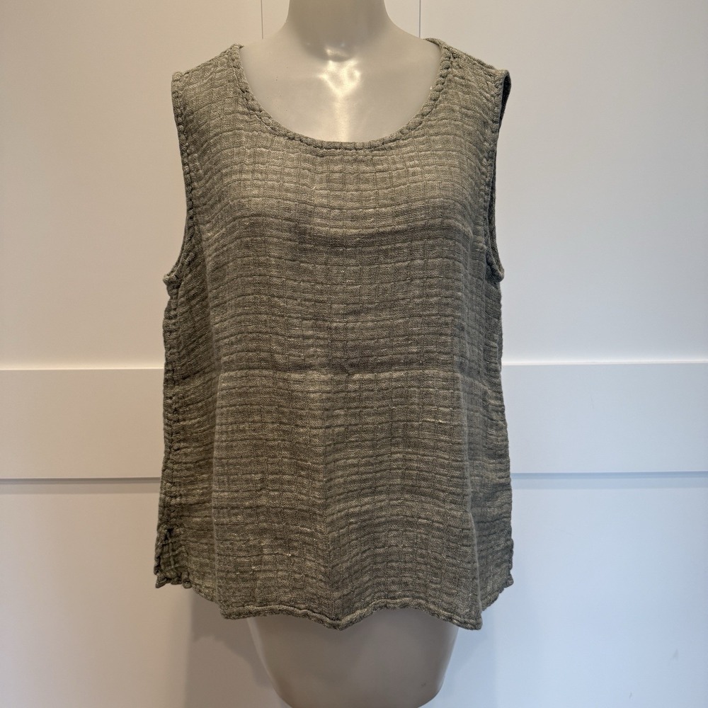 FLAX Green Crinkle Gauze Sleeveless Top Women's Large Lagenlook Casual Linen